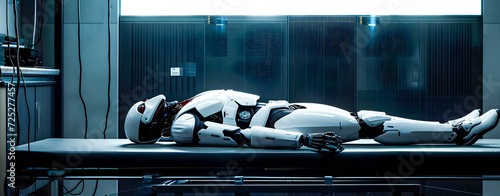 Artificial intelligence, a humanoid robot lying on a stretcher for fine-tuning or repair.