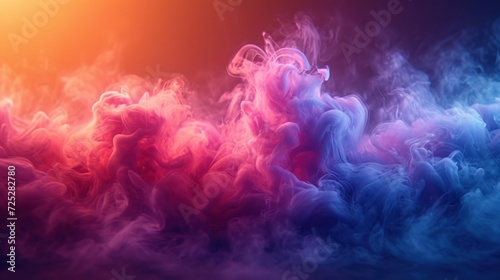  a mixture of colored smoke on a black background with a red, blue, and yellow light in the background.