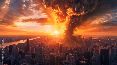 Apocalyptic cityscape with dramatic explosion in urban skyline at sunset, concept for disaster or catastrophe scenarios