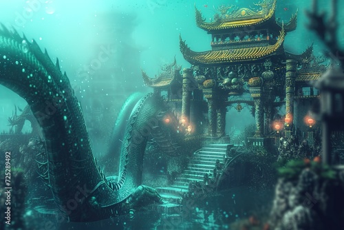Backdrop showcasing an underwater palace or sunken city guarded by dragons.