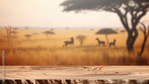 The empty wooden brown table top with blur background of Savanna Safari. Exuberant image. generative AI