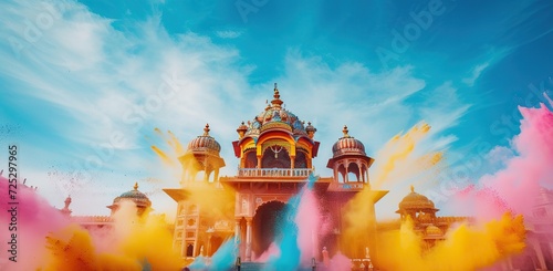 Temple in bright Holi colors, the concept of the Indian cultural festival.