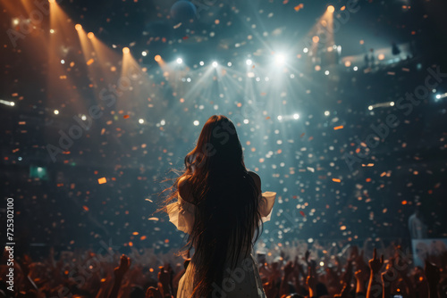 Woman enjoying music concert with stage lights and confetti. Live event excitement.
