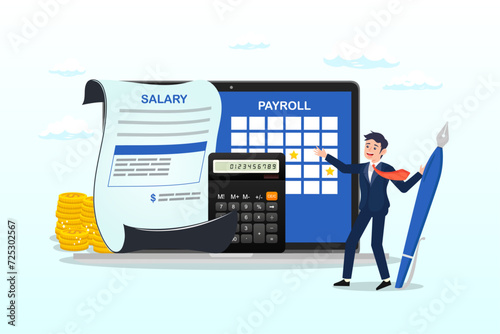 Businessman standing with online payroll computer, salary payroll system, online income calculate and automatic payment, office accounting administrative or calendar pay date, employee wages (Vector)