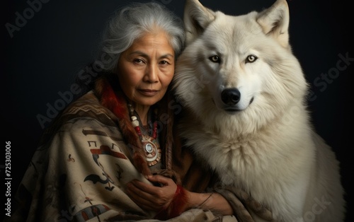 A Native American grandma embraces the beauty of nature as she sits with a majestic white wolf. Generative AI.