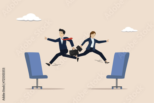 Job rotation or employee switch position for new skill, moving to new responsibility within organization concept, businessman and woman jump on office chair metaphor of job rotation.