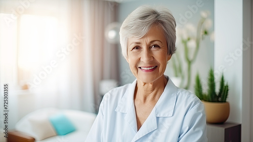 Happy Elderly retirement woman in living room at home, Elderly wellness, a nursing home, Elderly health care.
