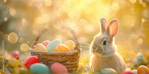 Rabbit with eggs, adding a playful twist to the Easter festivities, as it merrily carries a basket filled with colorful Easter eggs bokeh light and shadows.
