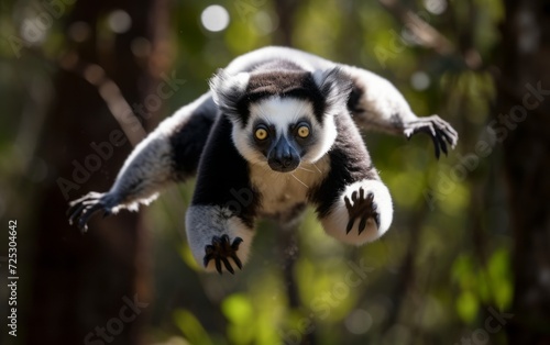 An indri lemur jumping among the trees in the tropical forests of Madagascar. Red book