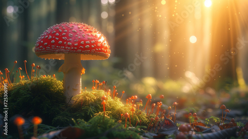 Amanita muscaria or “fly agaric“ is a red and white spotted poisonous Toadstool Mushroom. Group of fungi in an autumn season forest , Macro close up from frog perspective