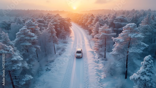 Car drives through snow forest landscape at sunset