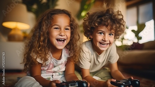 Family Fun: Sibling Bonding Over Video Games - A Joyful Moment in the Comfort of Home