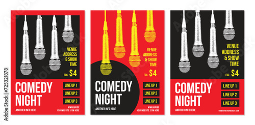 Open mic night poster, stand up comedy show poster or flyer or banner design, flyer template with microphone and bright elements, three set of posters composition on white background. Vector