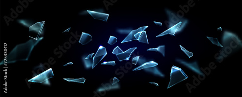 Broken and exploded glass surface flying in bunch of sharp pieces of broken blue crystal or mirror. Realistic vector illustration of transparent crashed beaten shatter and shard ice fragment.