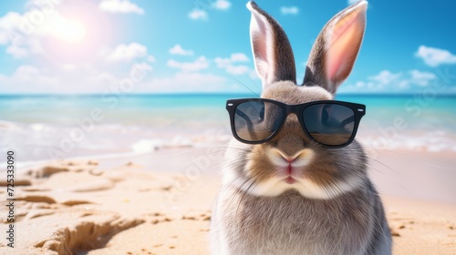 Happy Easter bunny in sunglasses on beach and sea with copy space