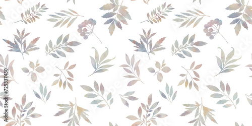 watercolor branches, leaves and berries, seamless pattern, on a white background, for the design of wrapping paper, wallpaper, textiles