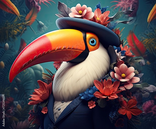 The bird flaunts a jazzy style, adorned with vibrant flowers.