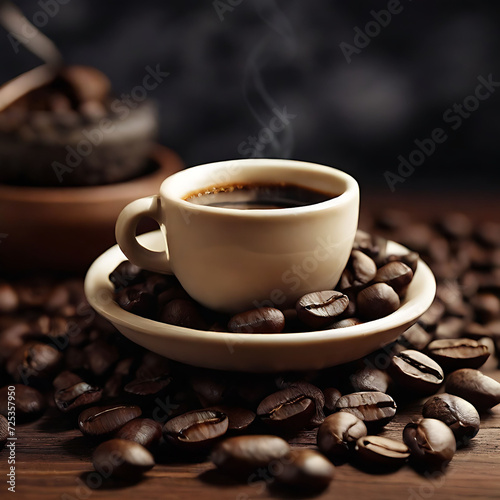 Set with cups of hot espresso and cappuccino, symbols of coffee beens and coffee