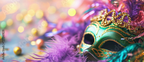 Mardi gras mask with feathers on bokeh background .