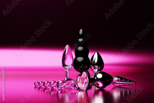 Colorful butt anal plugs sex toys on pink isolated background. 3D illustration. Empty space for your text