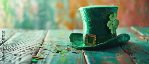 Saint Patricks Day hat on table, irish holiday traditional lucky symbol leprechaun green color hat costume element festive carnival party lucky clover background. Happy St Patrick Day concept .
