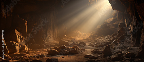 large foggy illuminated underground cave in limestone rock i