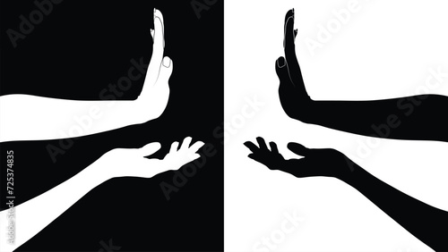set of hand silhouettes isolated on white and black background, Vector collection of human hands of different gestures, hands gesturing black, Black hands silhouettes, vector illustration