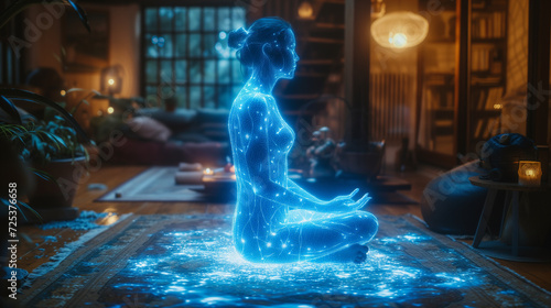 Tech Meet Comfort: cozy home interior comes alive with presence of glowing holographic human figure