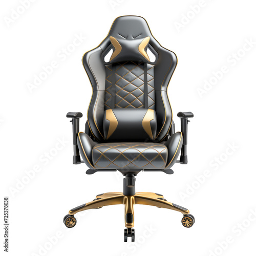 Front view of Strong gray and gold lack and golden gaming chair on a cutout PNG transparent background