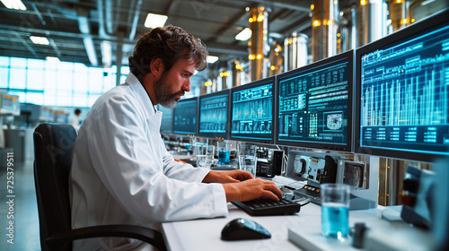 man in a white lab coat working at a computer station with multiple screens displaying technical data in an industrial setting