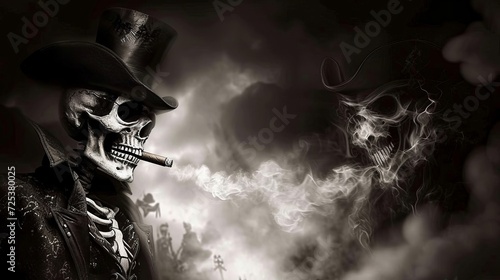 A skeleton in a top hat is smoking a cigar, creating an image of death split in two with smoke.