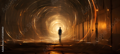 Man walking through a colorful time tunnel, time travel portal gateway vortex passage warp continuum