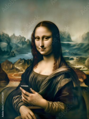 The Mona Lisa (a Renaissance era painting by Leonardo da Vinci) using a modern mobile smartphone