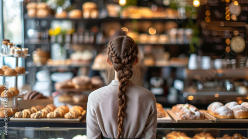 A woman with braided brown hair is standing in front of a bakery counter in an interior setting.