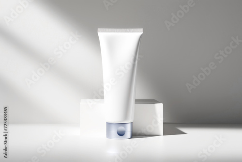 BB Cream tube. White blank unbranded flacon with cosmetology product. Professional skin care and wellness concept. White monochrome background which natural lighting