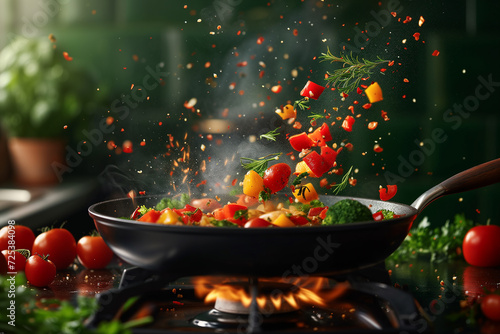 Fresh colored vegetables are flying from a hot frying pan on the stove