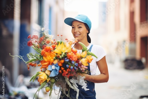 floral arranger incorporating urban debris in a bouquet