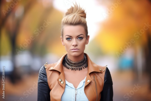 woman with spiked collar and leather jacket