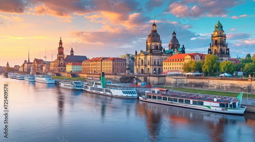 Dresden, Germany. Panoramic over old city historical downtown, Elbe river and party boats with young people celebrating hot summer day at sunset