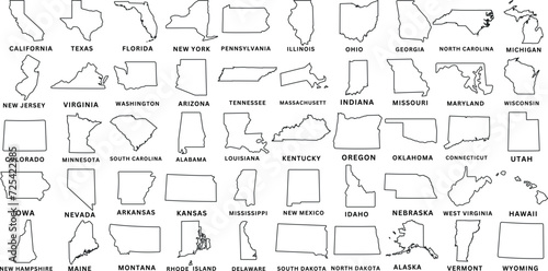 USA state Map and map outlines vector illustration, america map line drawings. Ideal for educational materials, travel content, graphic design projects. Detailed, accurately represented shapes