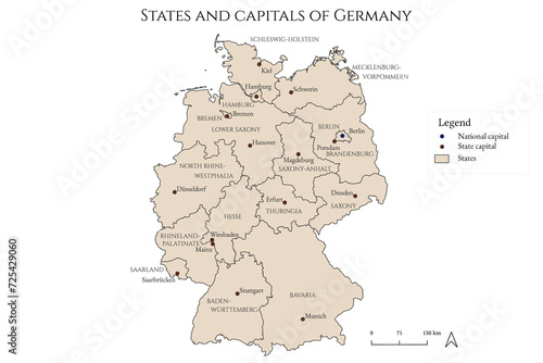 Map of states and capitals of Germany - mapped in an antique and rustic style
