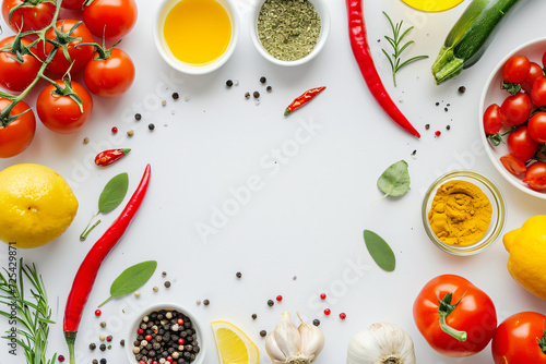 Top view of fresh foods and spices vegetables