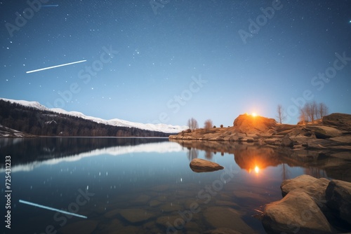 a meteor shower casting reflections on glassy lake