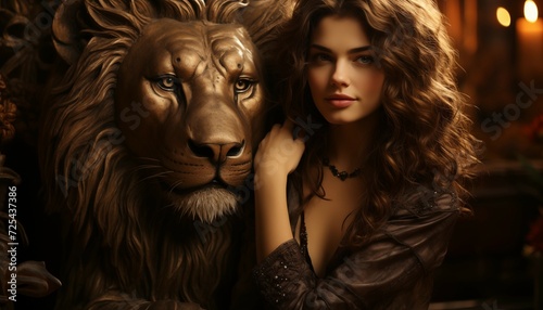 Portrait of a Beautiful Woman and a Steel Lion