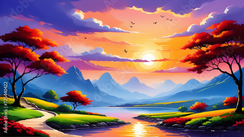 sunset in the mountains. painting art custom landscape greeting cards backgrounds. for wall art decor and background wallpaper, greeting cards, stationery, wedding invitations, and decorations. Genera