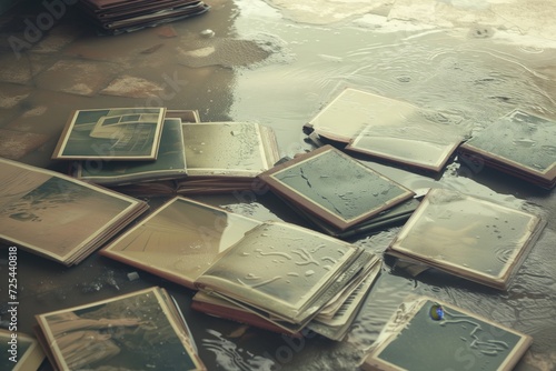 waterlogged photo albums spread out on a damp floor