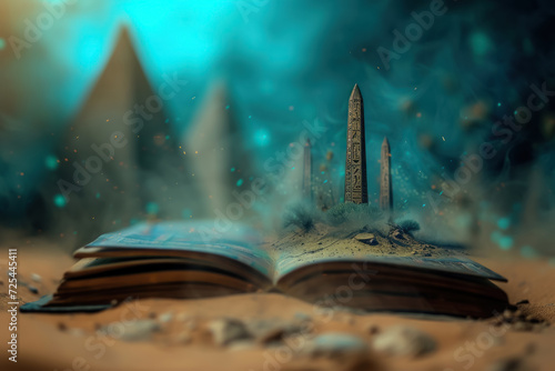 Enchanted obelisks that control the weather, Egyptian openbook with a fantasy scenery. desert landscape.