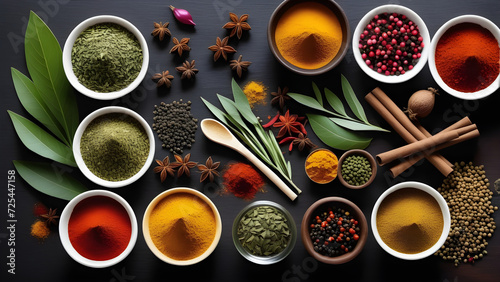 various aromatic colorful spices and herbs ingredients for cooking ayurveda treatments
