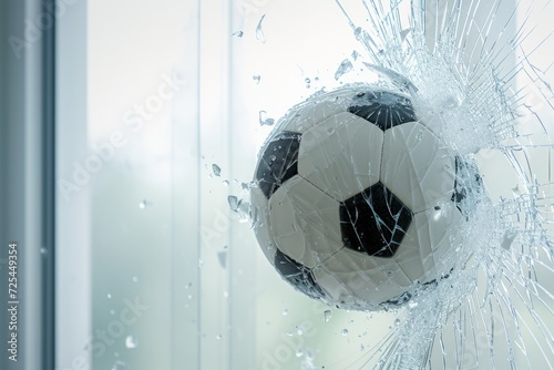Broken glass and soccer ball on window background. 