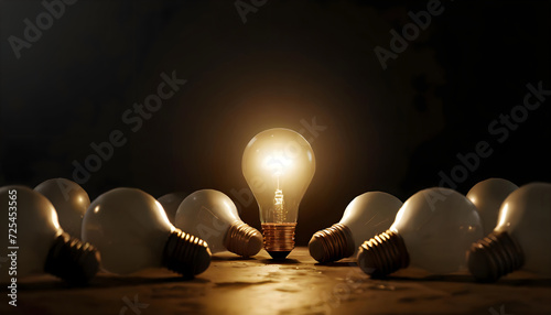 One of Lightbulb glowing among shutdown light bulb in dark area with copy space for creative thinking , problem solving solution